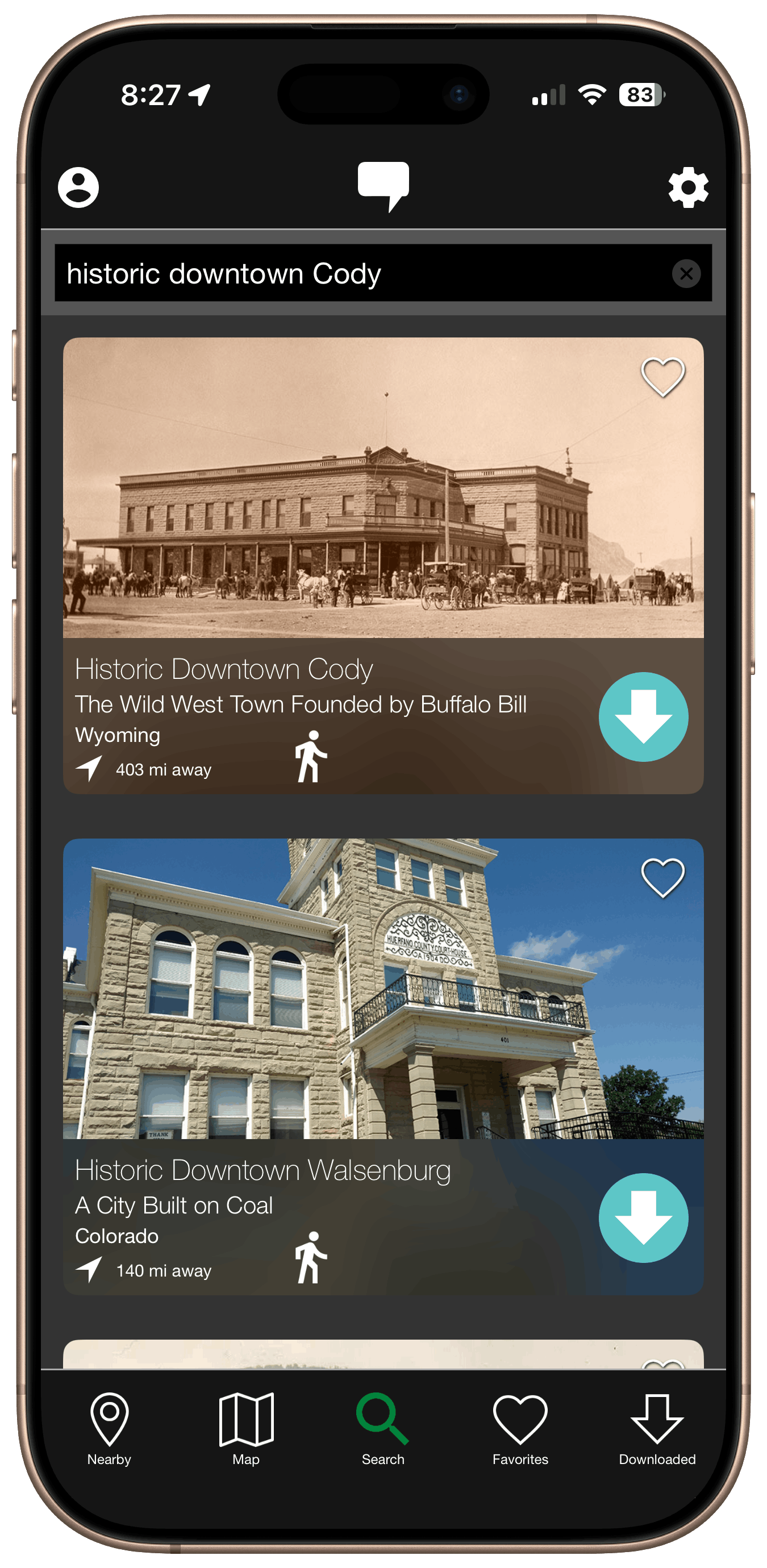 Screenshot of the app showing nearby tours list